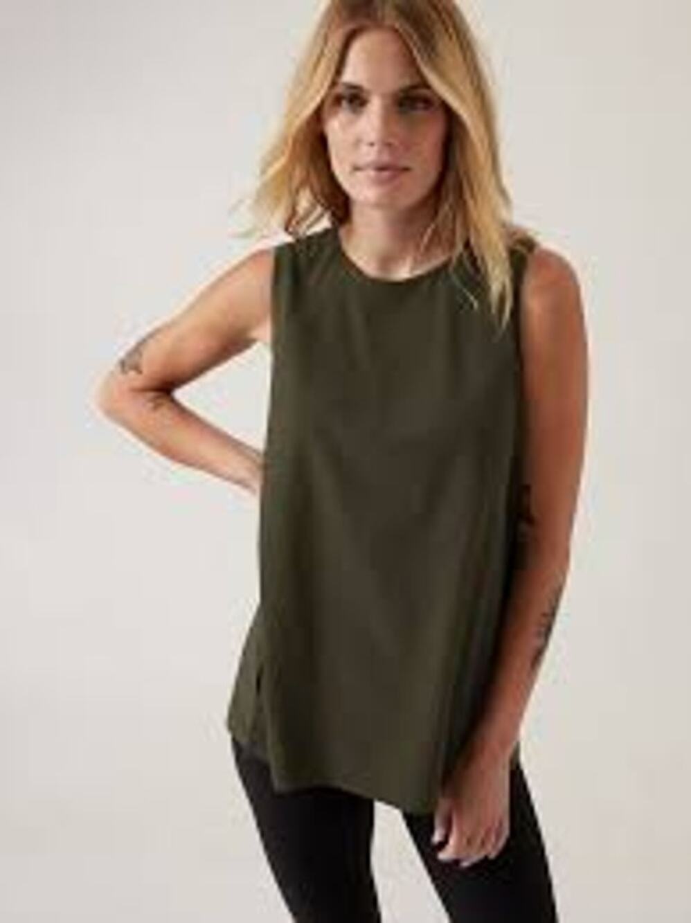 Athleta Small Zephyr Refined Tank Olive Green Side Slit Crew Neck Sleeveless